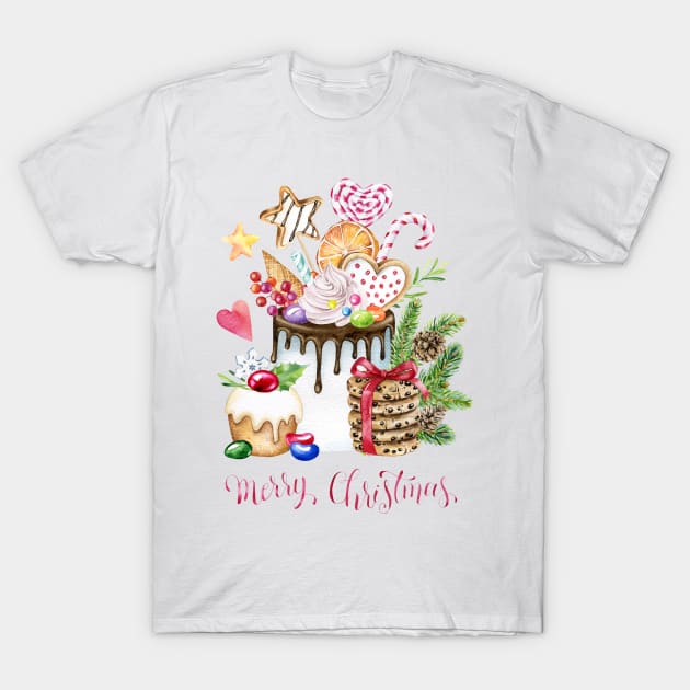 Watercolor Christmas Cake T-Shirt by Simple Wishes Art